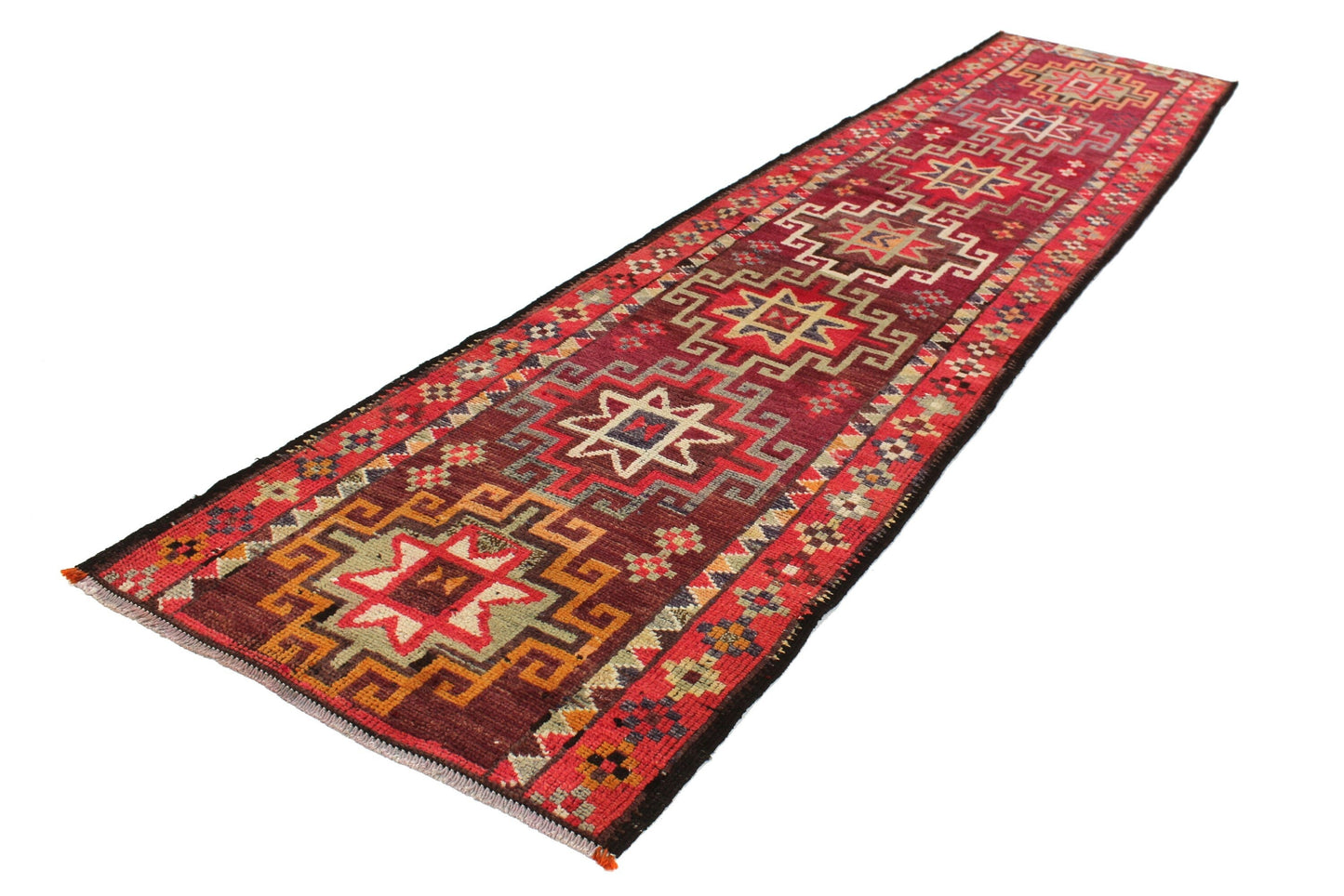 Bohemian Turkish Runner ,Oushak Runner Gypsy, Vintage Runner Long, 3x13 Runner Rug, Hallway Kitchen Red Geometric Carpet Runner, 6241
