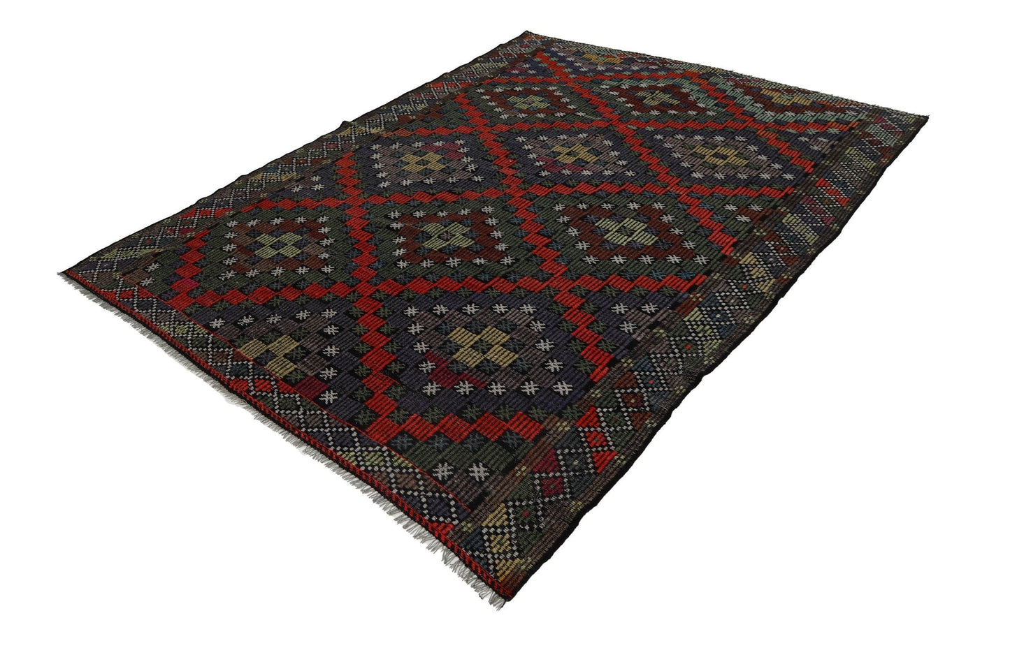 Farmhouse Decor, Plaid Kilim Rug, Area Geometric Rug, Turkey Rug, Fine Rug, Faded Rug, Muted Rug, Bedroom Rug, Kilim Rug 7x9, 8084
