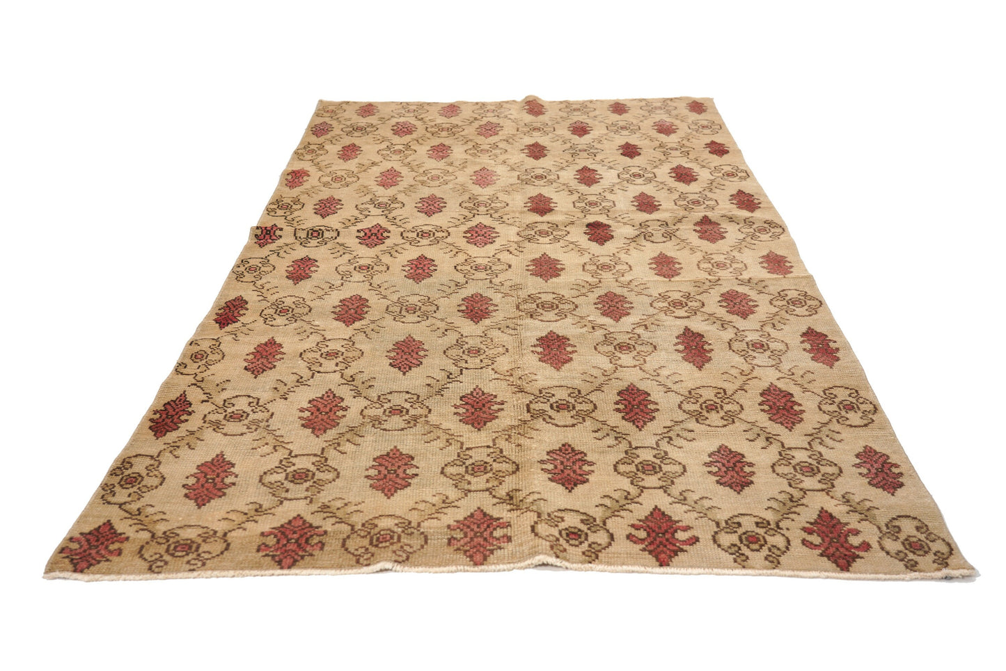 5x8 Farmhouse Cream Red Floral Low Pile Turkish Rug,Handmade Vintage Wool Carpet Rug,İndoor Livingroom Area Rug,Boho Decor,4371