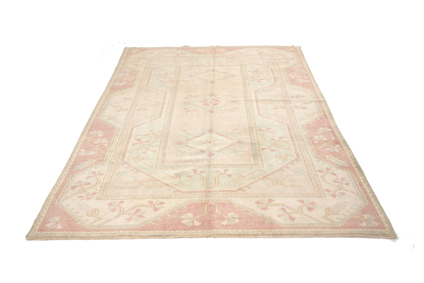 4x7 Muted Beige Pink VİNTAGE RUG, Area Handmade Pastel Geometric Carpet Rug, Coastal Tropical Rug ,Rug Bedroom,5936