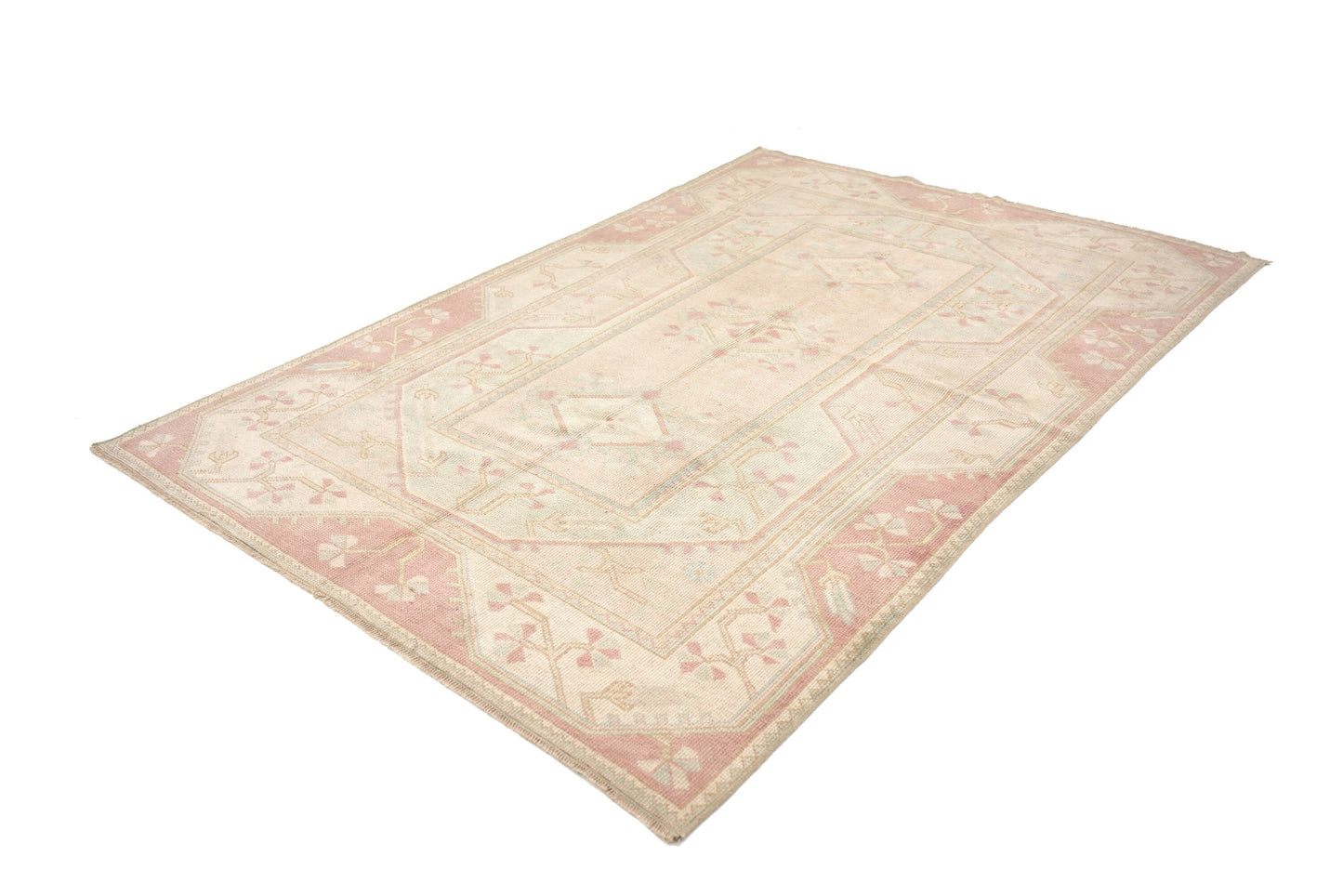 4x7 Muted Beige Pink VİNTAGE RUG, Area Handmade Pastel Geometric Carpet Rug, Coastal Tropical Rug ,Rug Bedroom,5936