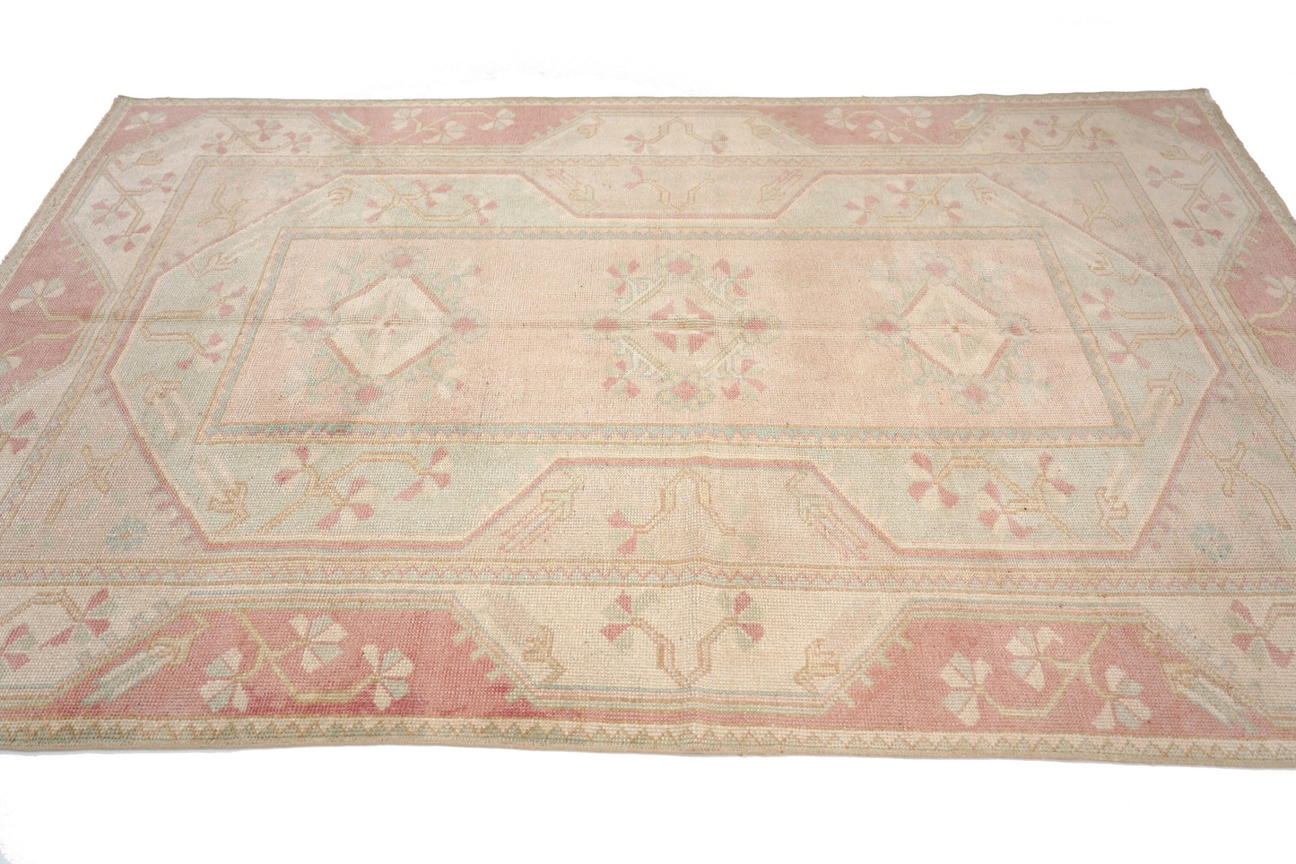 4x7 Muted Beige Pink VİNTAGE RUG, Area Handmade Pastel Geometric Carpet Rug, Coastal Tropical Rug ,Rug Bedroom,5936