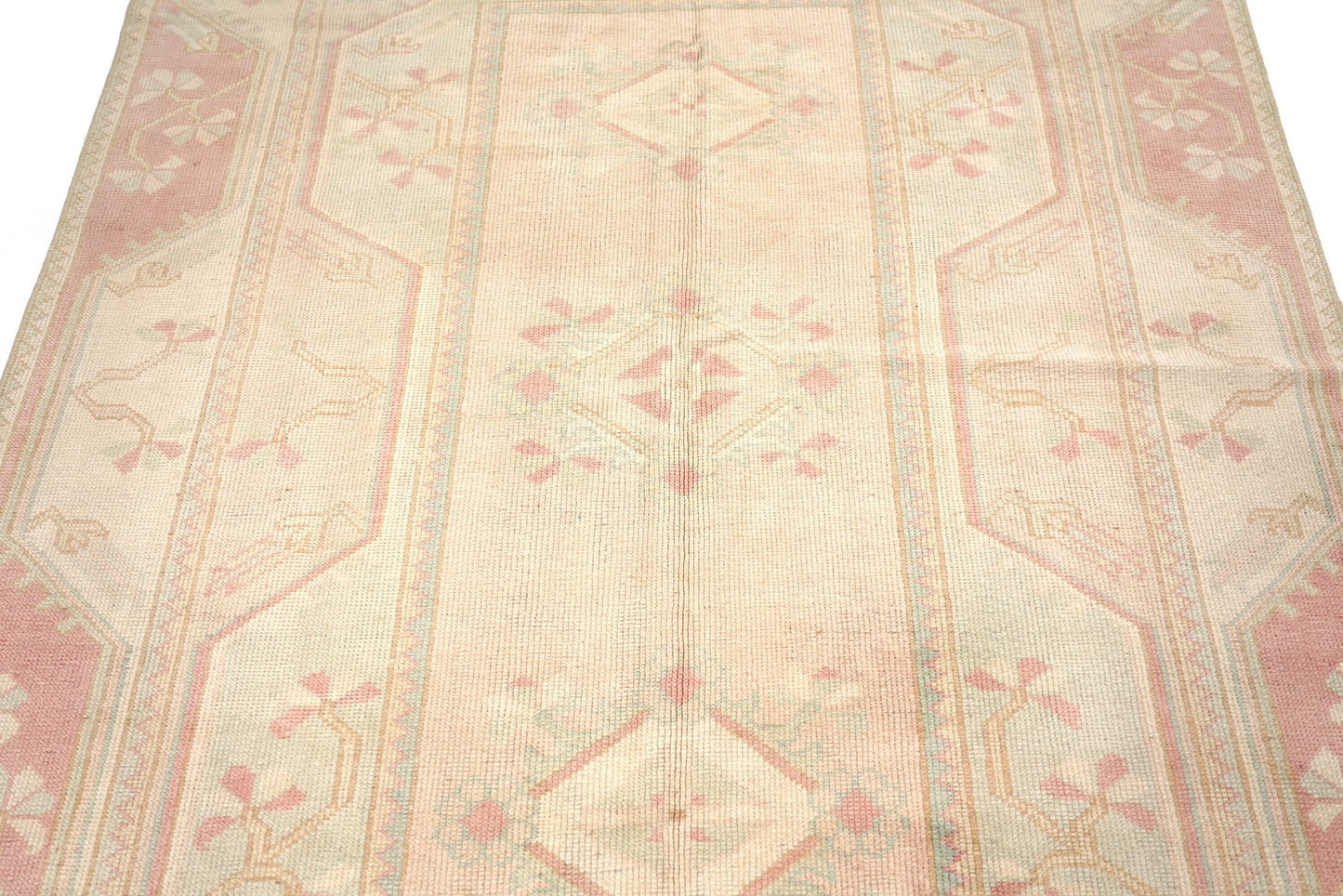 4x7 Muted Beige Pink VİNTAGE RUG, Area Handmade Pastel Geometric Carpet Rug, Coastal Tropical Rug ,Rug Bedroom,5936