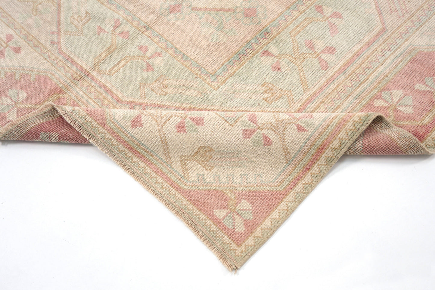 4x7 Muted Beige Pink VİNTAGE RUG, Area Handmade Pastel Geometric Carpet Rug, Coastal Tropical Rug ,Rug Bedroom,5936