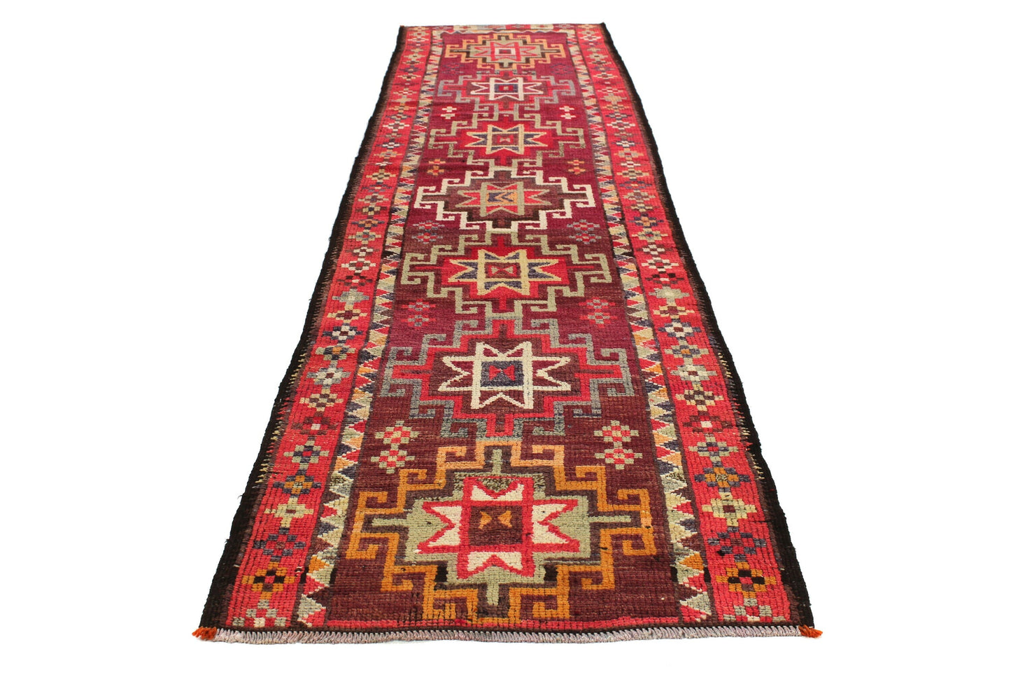 Bohemian Turkish Runner ,Oushak Runner Gypsy, Vintage Runner Long,  3x13 Runner Rug, Hallway Kitchen Red Geometric Carpet Runner, 6241