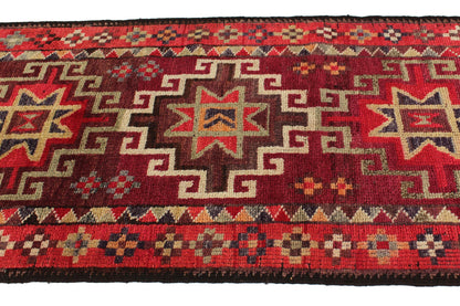 Bohemian Turkish Runner ,Oushak Runner Gypsy, Vintage Runner Long,  3x13 Runner Rug, Hallway Kitchen Red Geometric Carpet Runner, 6241