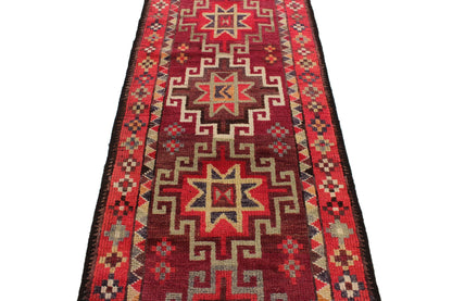 Bohemian Turkish Runner ,Oushak Runner Gypsy, Vintage Runner Long,  3x13 Runner Rug, Hallway Kitchen Red Geometric Carpet Runner, 6241