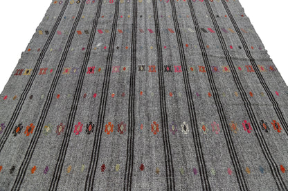 Gray Black Striped Kilim, Kilim Rug, Rustic Primitive Kilim rug, Turkish Vintage Kilim Rug 8x10, Living Room Rug, Decorative Rug, 8026