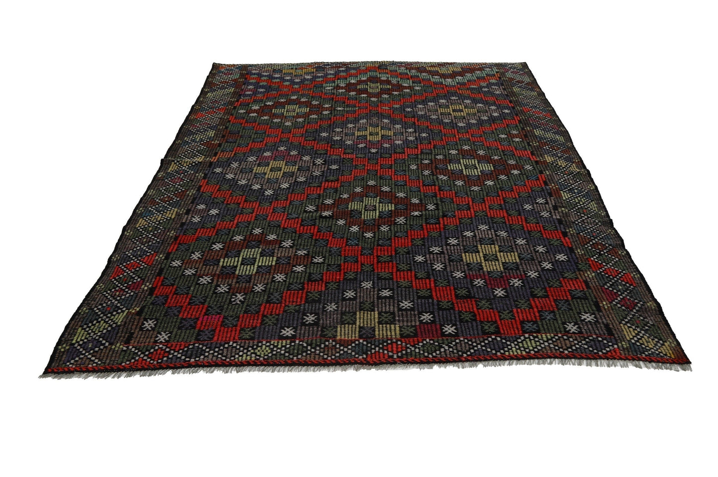 Farmhouse Decor, Plaid Kilim Rug, Area Geometric Rug, Turkey Rug, Fine Rug, Faded Rug, Muted Rug, Bedroom Rug, Kilim Rug 7x9, 8084